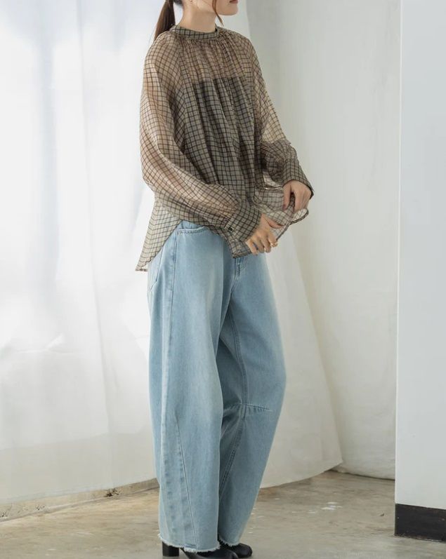 チェックシアートップス ベージュ