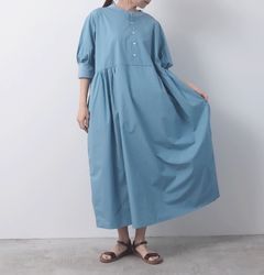 50sタイプライターハンドベルワンピース サックスブルー