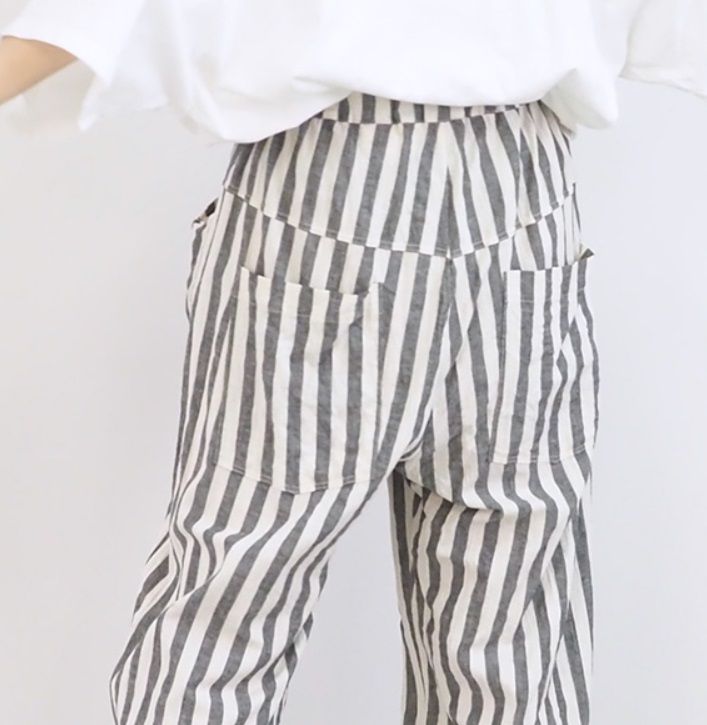 先染綿麻シーチングストライプノッポパンツ ブラックアイボリー