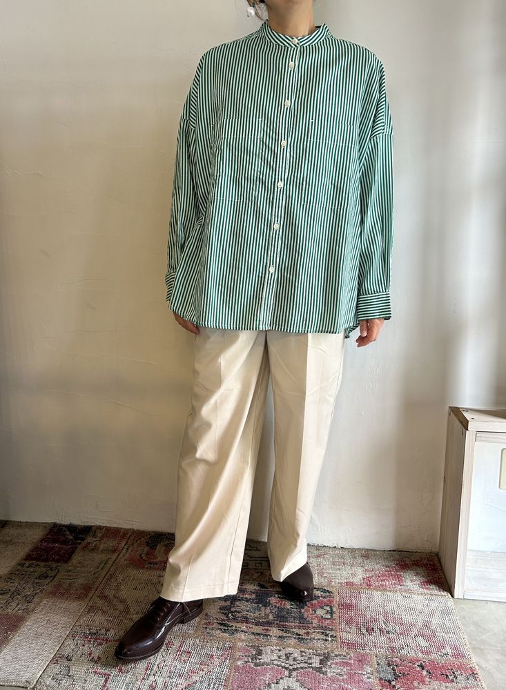 キャンブリックボイル ストライプ バンドカラーシャツ グリーン