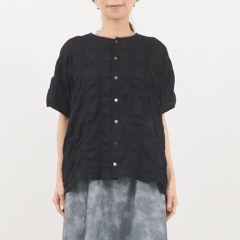 デザイン塩縮CHECKフレアシャツ ブラック