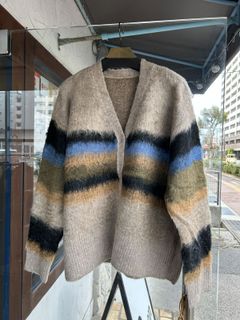 起毛シャギーニット ボーダーカーデ ベージュ