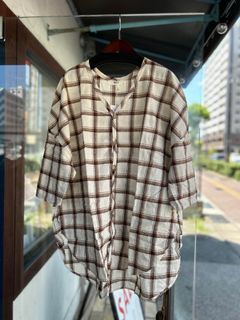 20綿麻起毛チェックオーバースリットシャツ アイボリーxブラウンxピンク