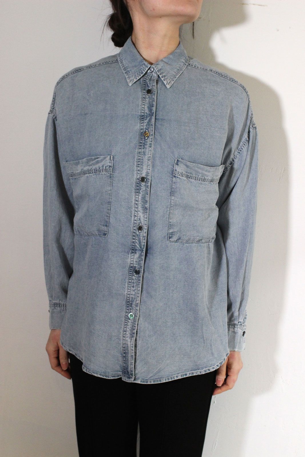 テンセルデニム製品染めオーバーサイズシャツ インディゴブルー