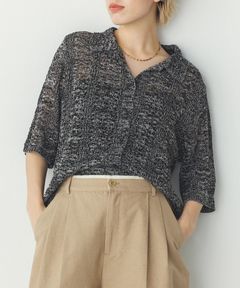 透かし編み ニットシャツ ブラック
