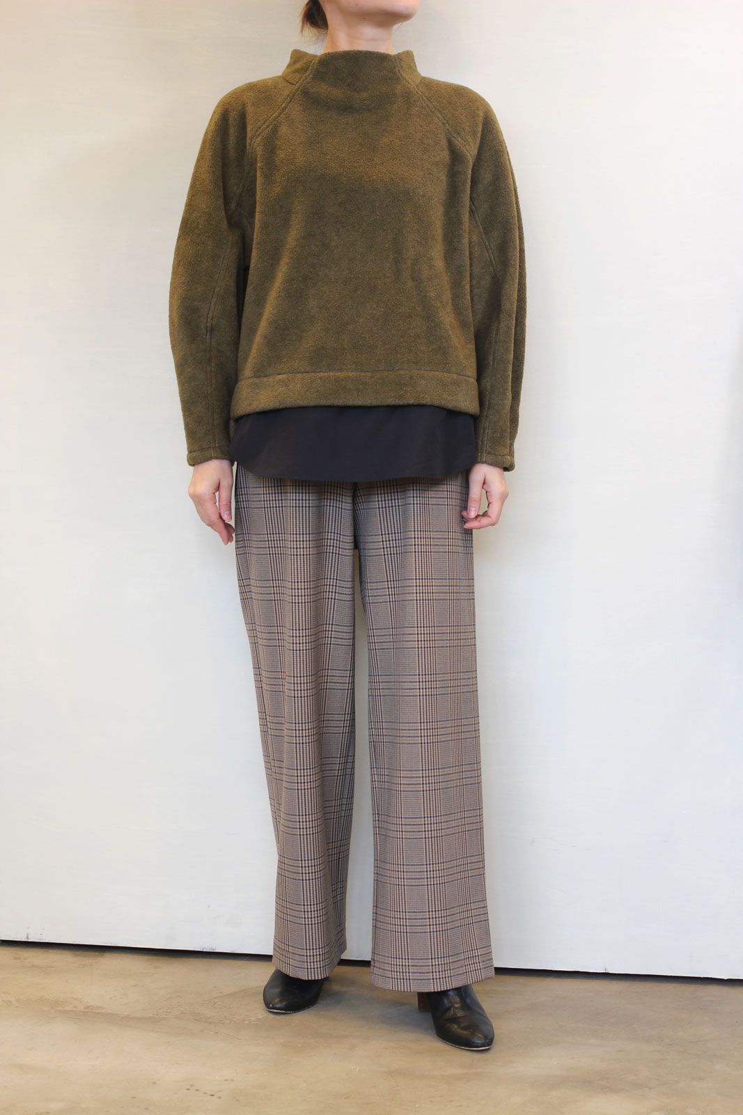 ソフトサーモ混チェック裏起毛ワイドパンツ イエローチェック