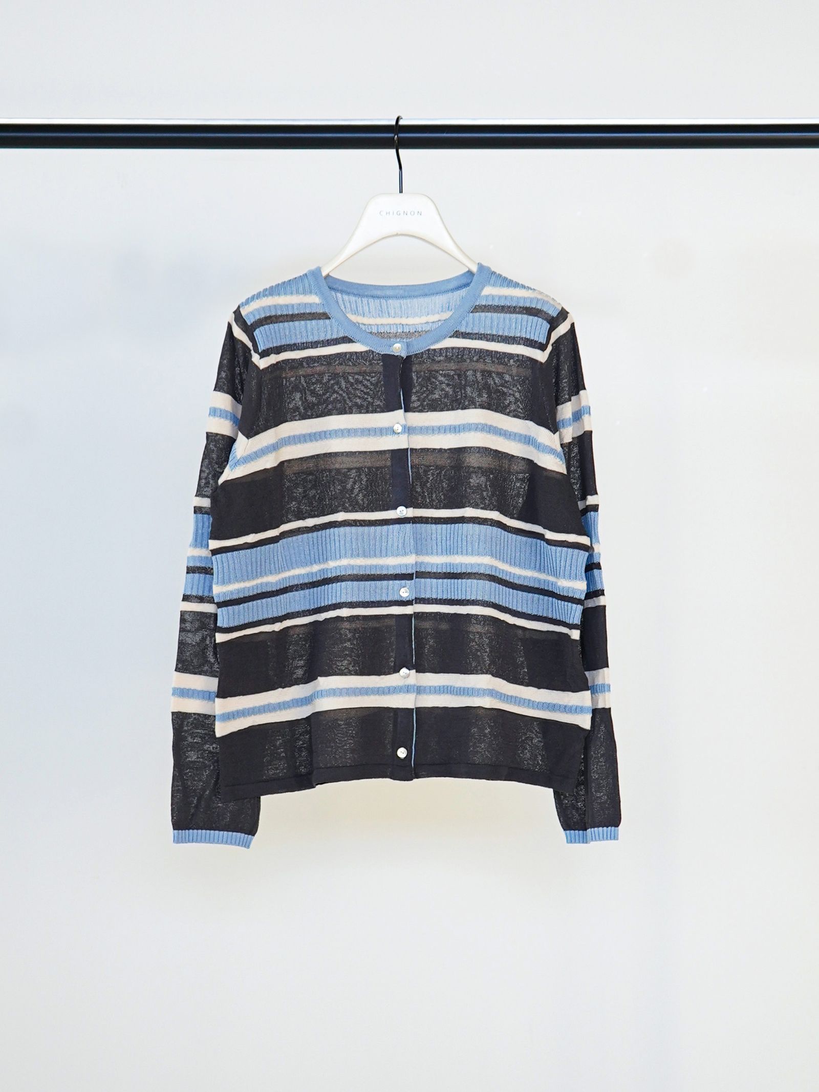 [9561-090GS] マルチボーダーカーディガン チャコール