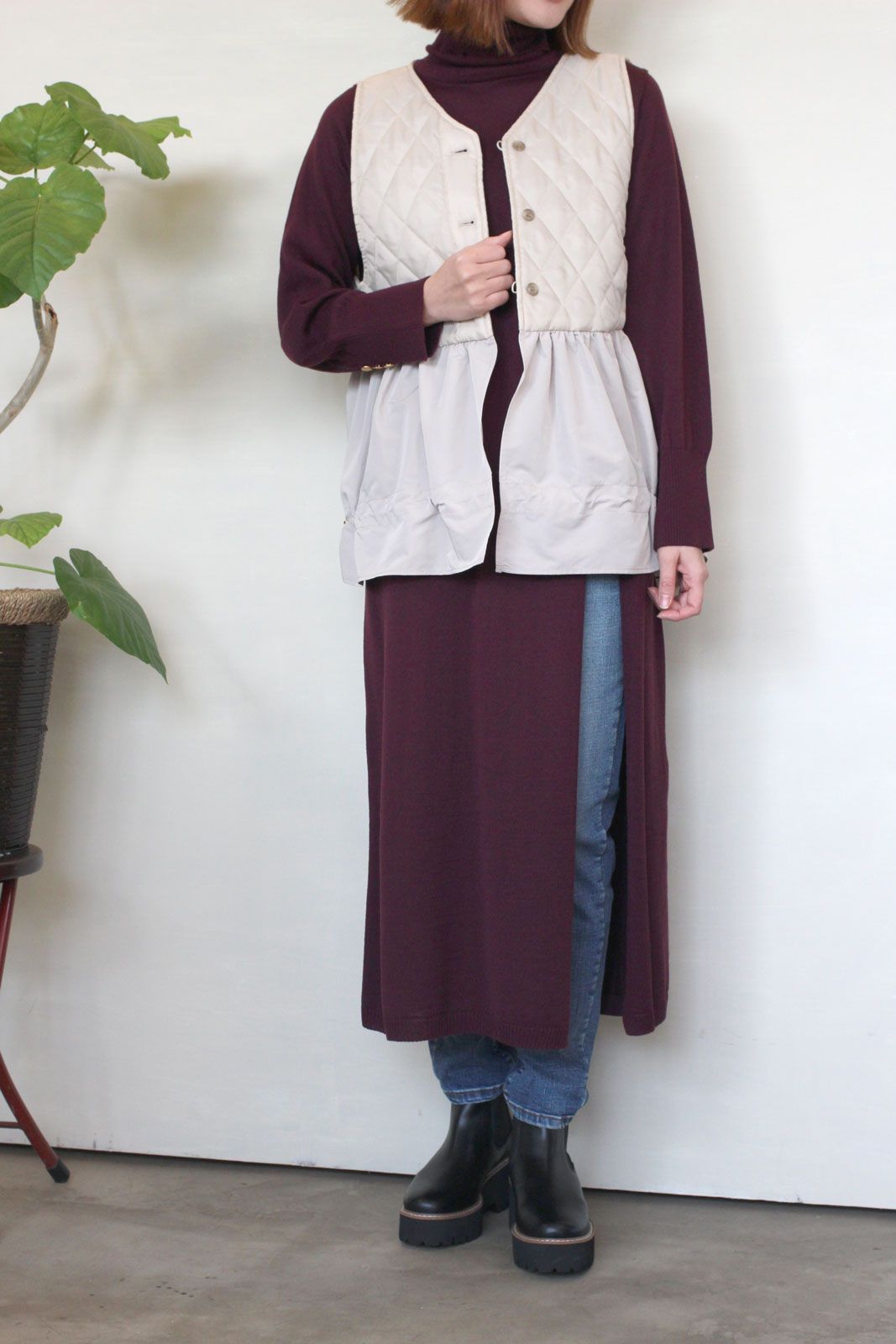 WOOLLETヘリンボン3WAY丸首ショートコート ライトベージュ