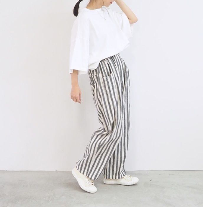 先染綿麻シーチングストライプノッポパンツ ブラックアイボリー