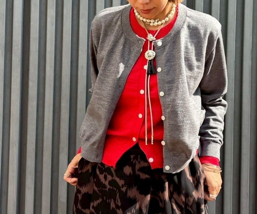 バイカラーレイヤードニットカーディガン ブラウン