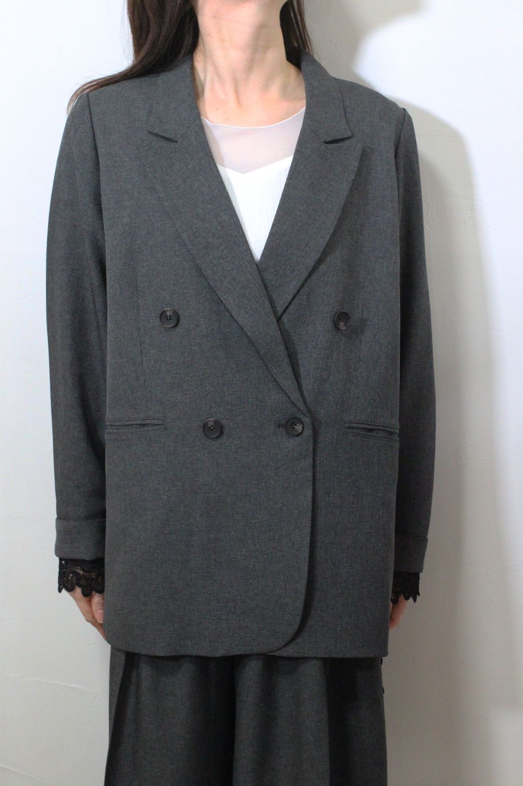 ストレッチ 杢ポリエステル袖レースダブルジャケット ミックスグレー