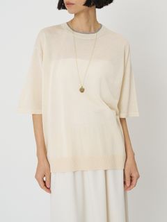 [9261-087GS] 衿配色ハーフスリーブニット オフホワイト