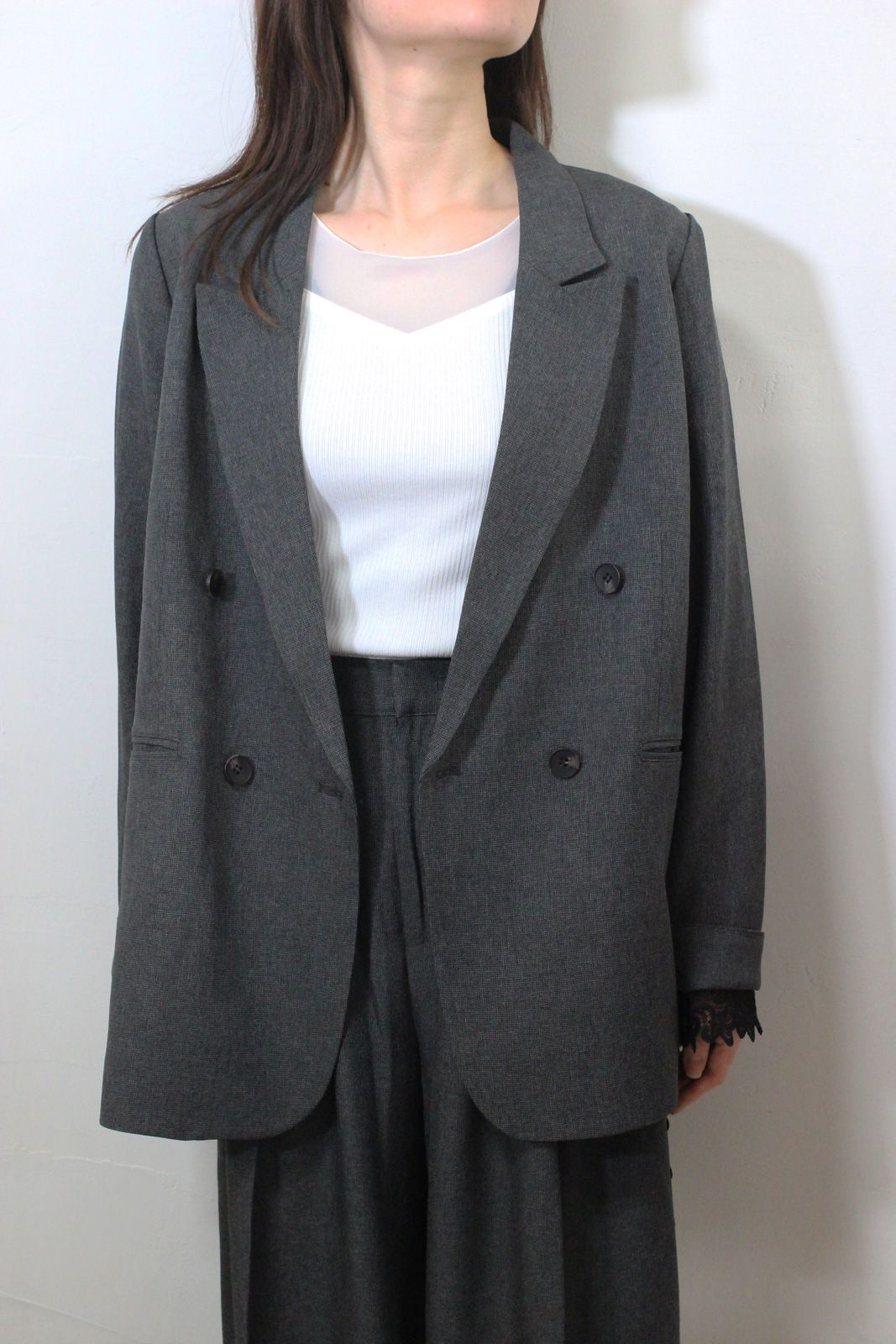 ストレッチ 杢ポリエステル袖レースダブルジャケット ミックスグレー