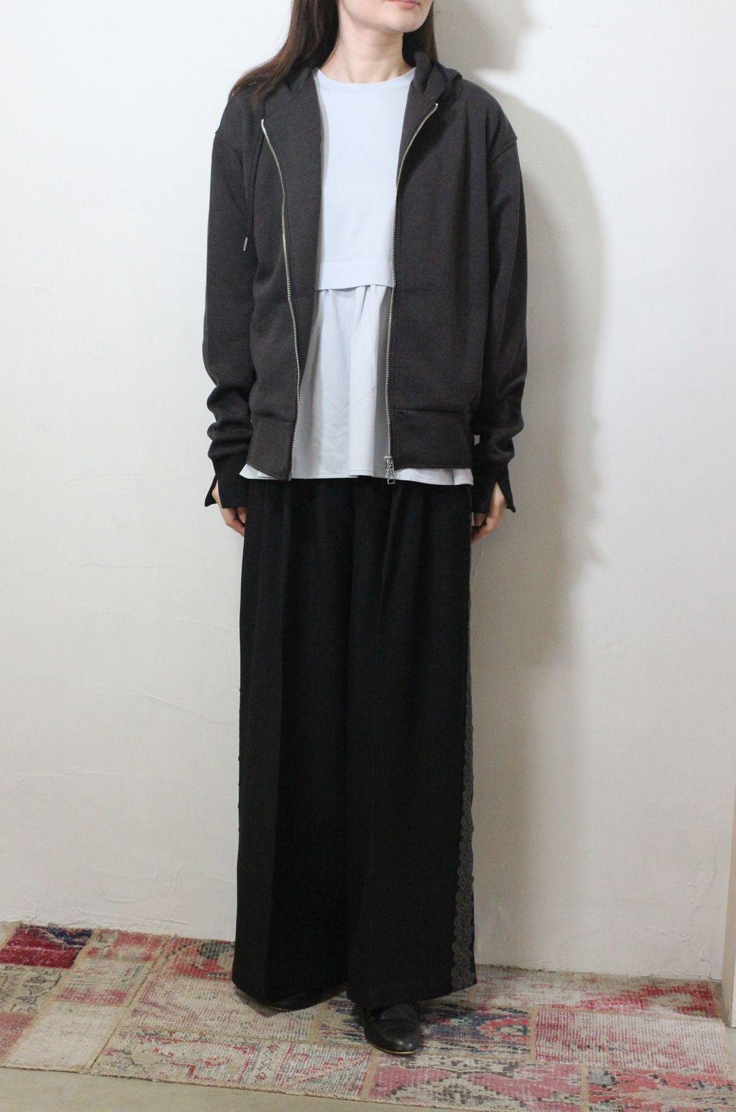 リブダブルジップパーカー チャコール