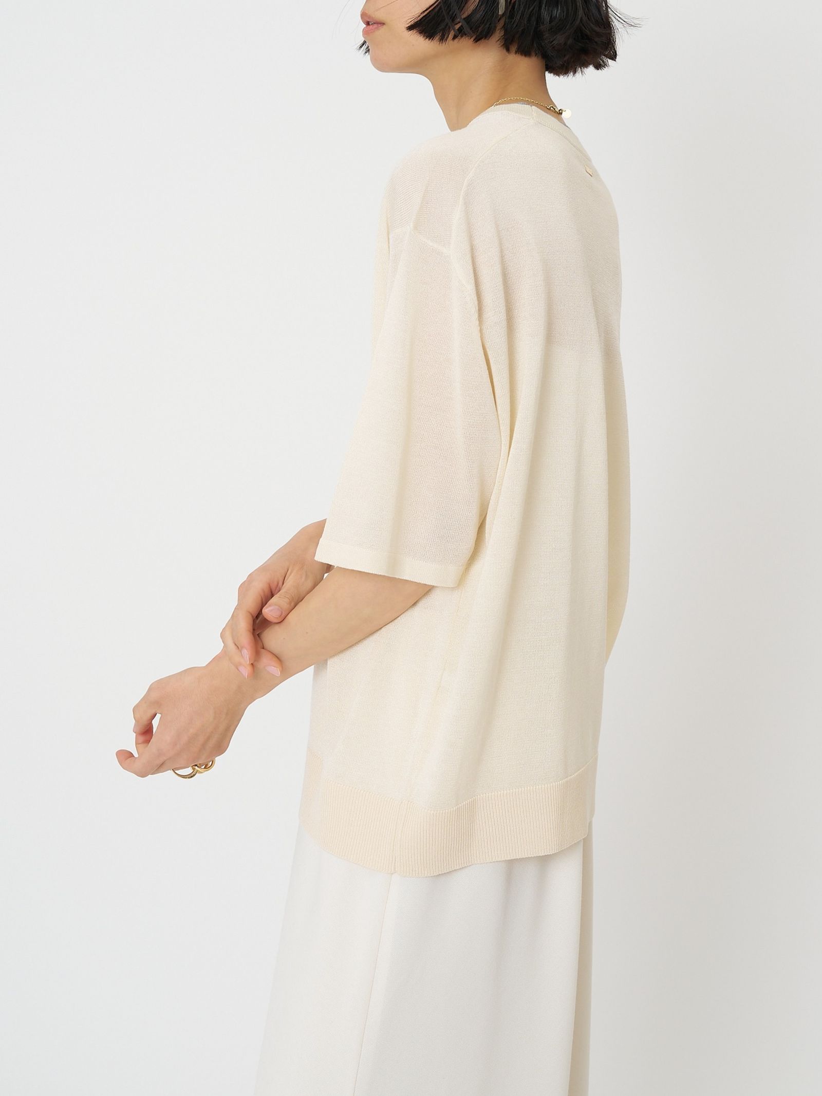 [9261-087GS] 衿配色ハーフスリーブニット ベージュ