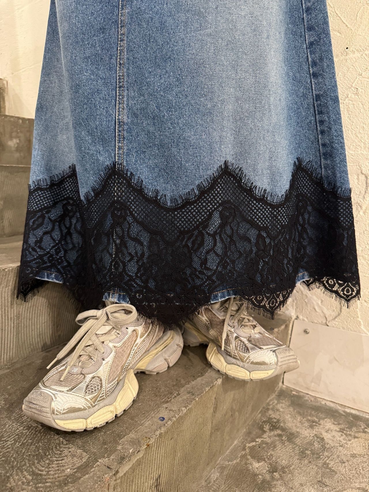 レースデニムスカート ブルー