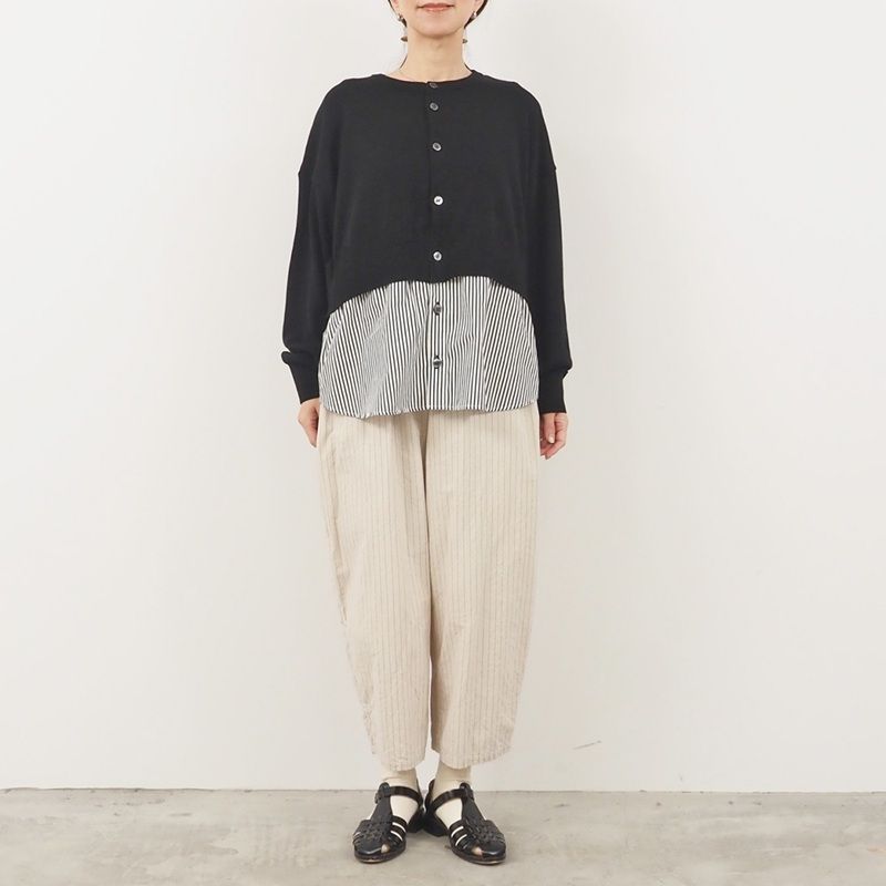 綿レーヨンシルク コンビネーションカーディガン イエローグリーンxブラックストライプ