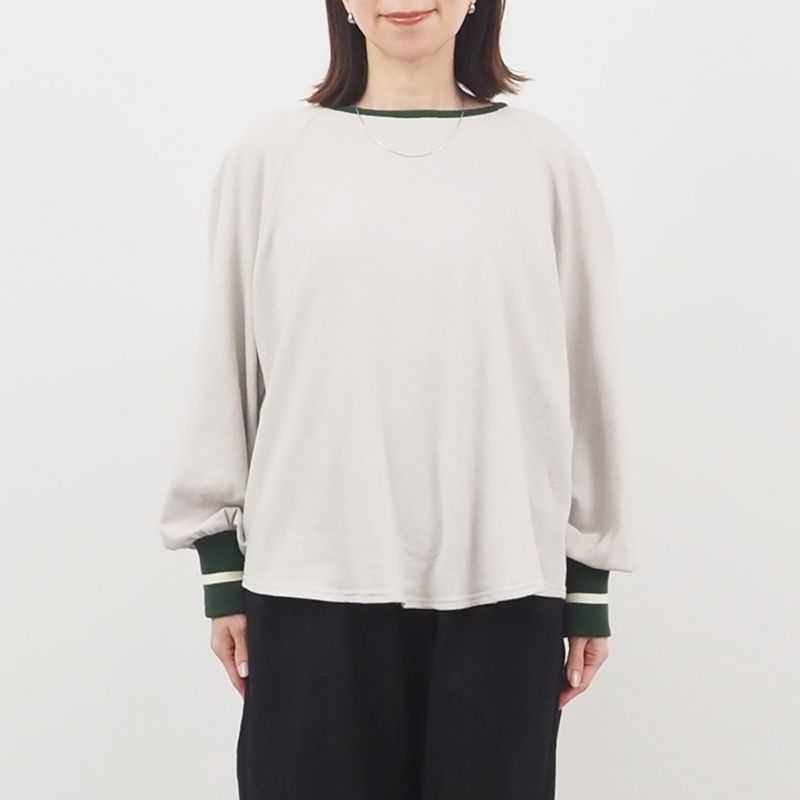 ガーゼ裏毛 バイカラーリブハウストレーナー ベージュxグリーンxアイボリー