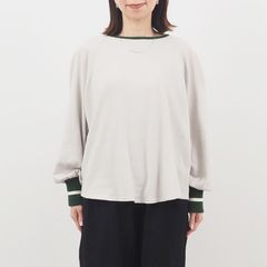 ガーゼ裏毛 バイカラーリブハウストレーナー ベージュxグリーンxアイボリー