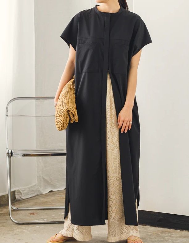接触冷感シャツワンピース ブラック