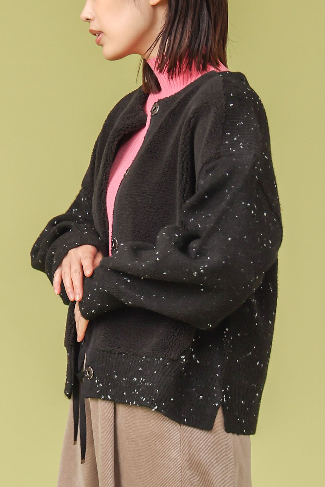 MIXニットxボア切替カーディガン グレーミックス