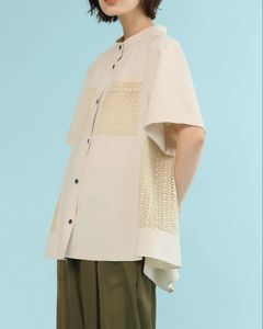 シャンブレーxクリスタルレースバックレースブラウス ライトベージュ