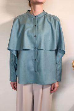 オクシィジュエルノーカラーブラウス ブルーグリーン