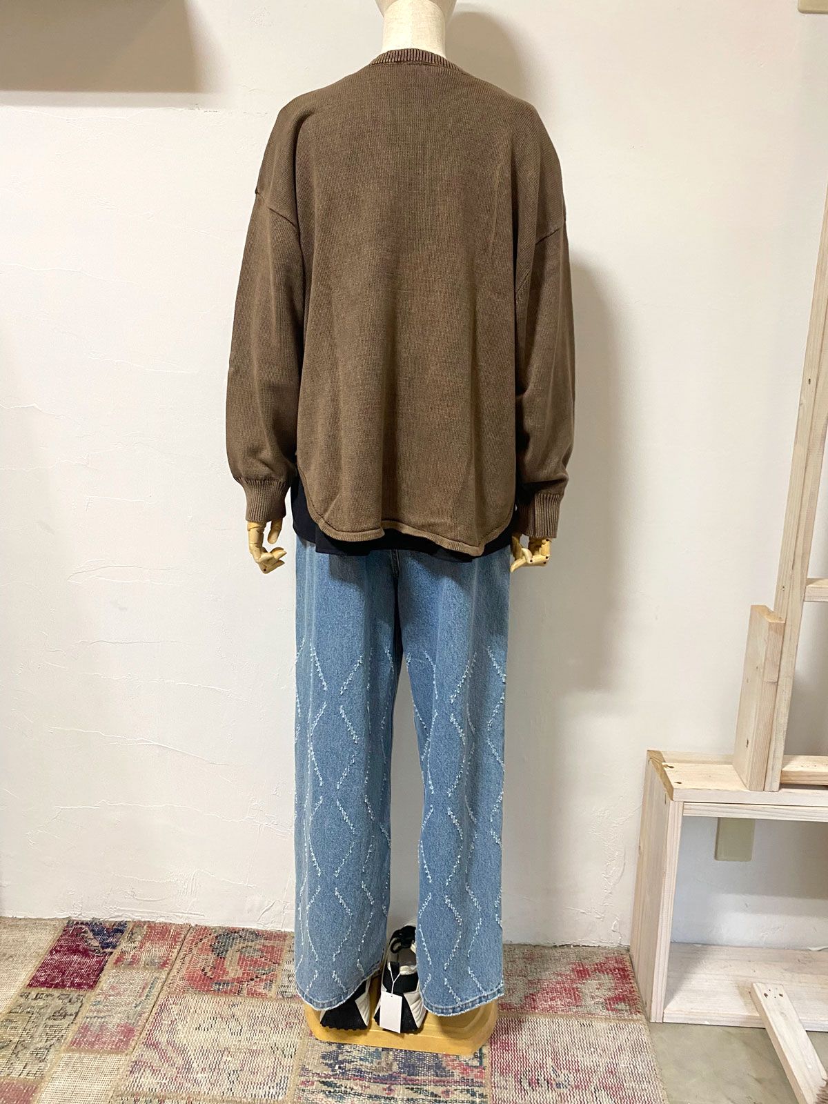 ストーンウォッシュ ヘンリーネックトップス ブラウン