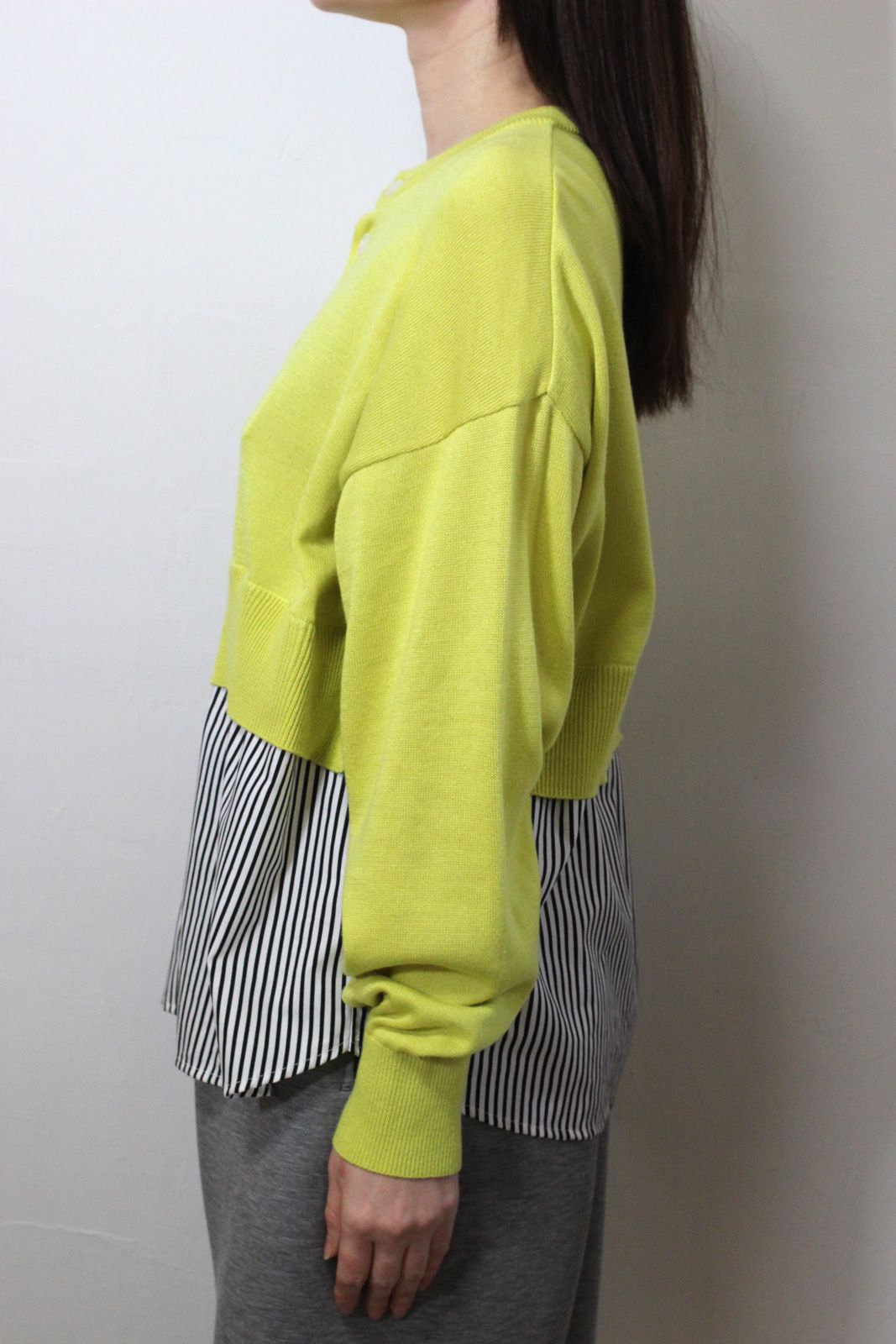 綿レーヨンシルク コンビネーションカーディガン イエローグリーンxブラックストライプ