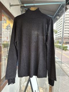 ラメ袖レイヤードリブタートルニット ブラック