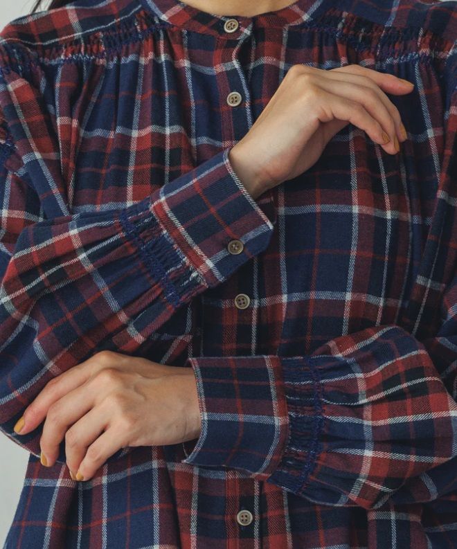 ネルチェックギャザーシャツ レッド系