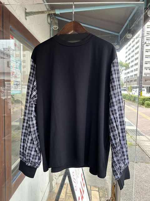 天竺xタータン ギャザースリーブ プルオーバー ブラック