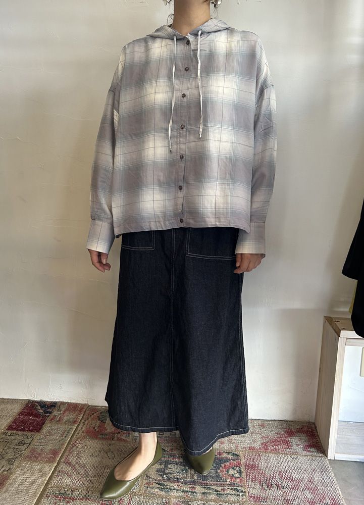 チェックフーディシャツ ブラウン