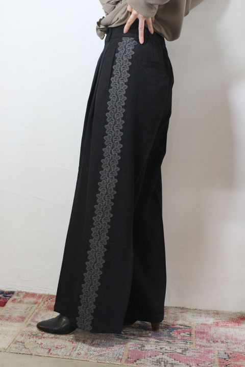 ストレッチ 杢ポリエステル サイドレースパンツ ブラック