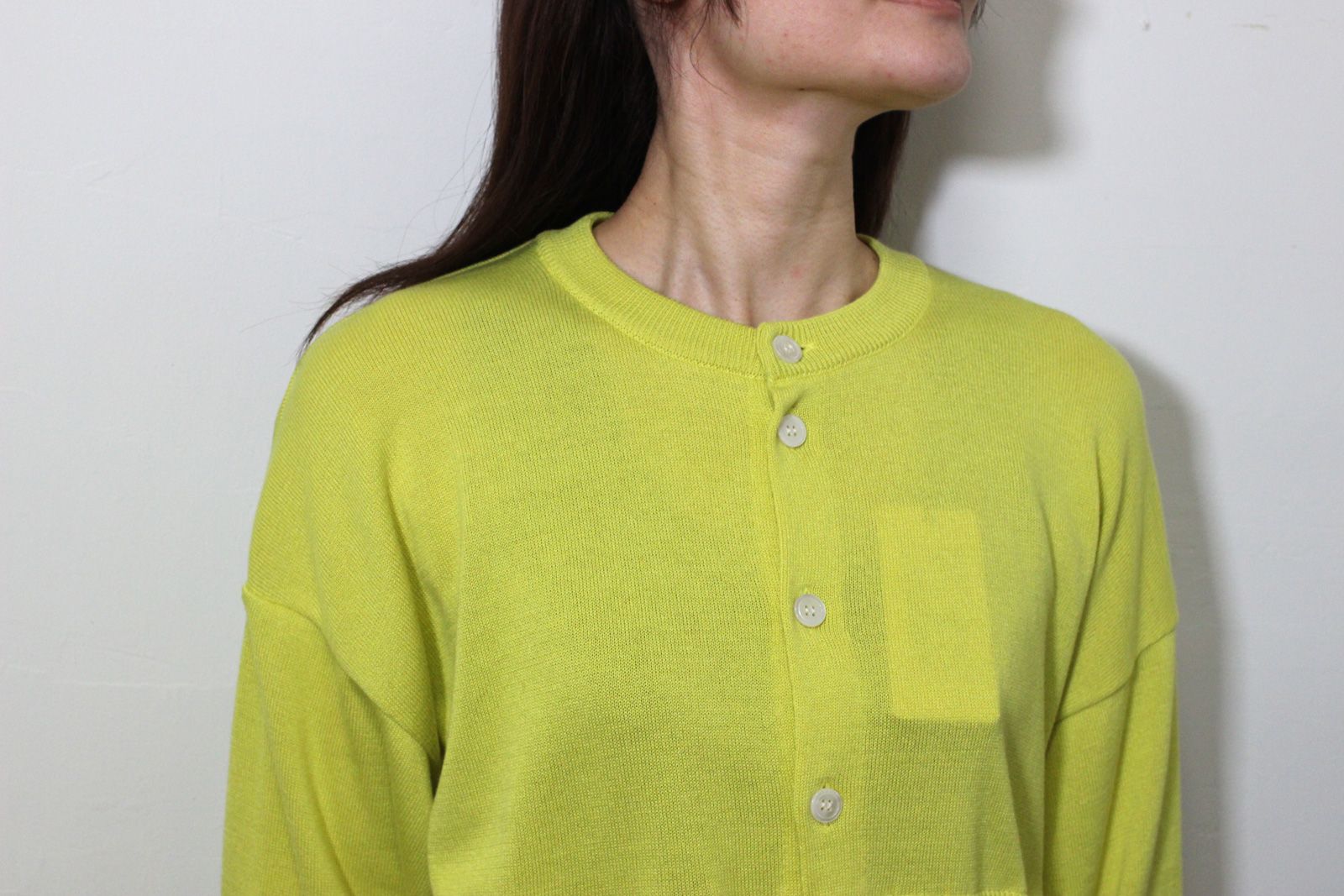 綿レーヨンシルク コンビネーションカーディガン イエローグリーンxブラックストライプ