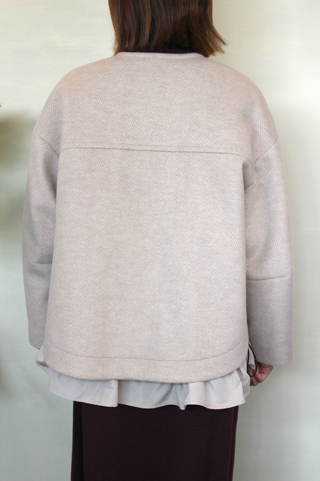 WOOLLETヘリンボン3WAY丸首ショートコート ライトベージュ