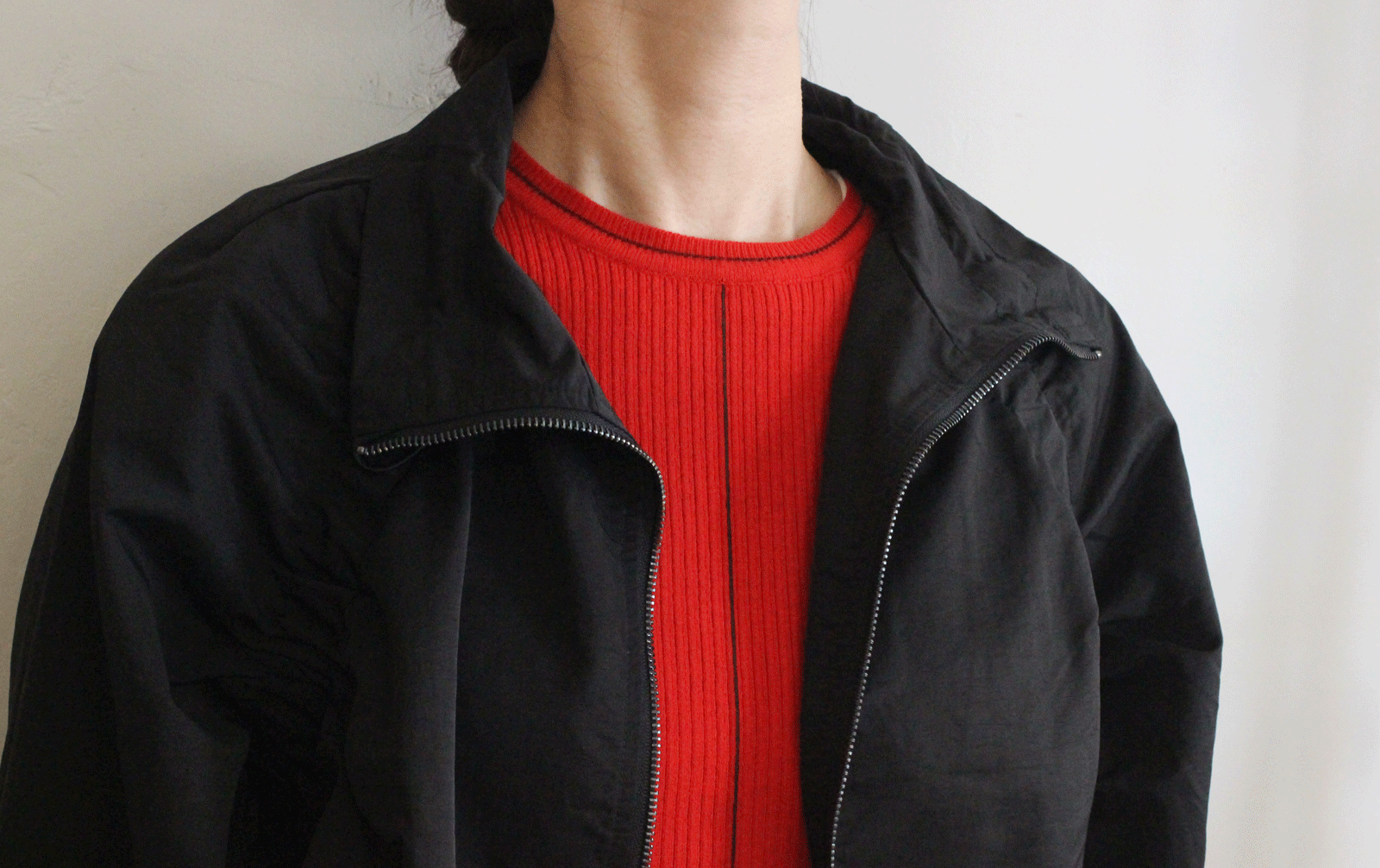 ラグランシャーリングジップショートブルゾン ブラック