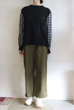 天竺xタータン ギャザースリーブ プルオーバー ブラック
