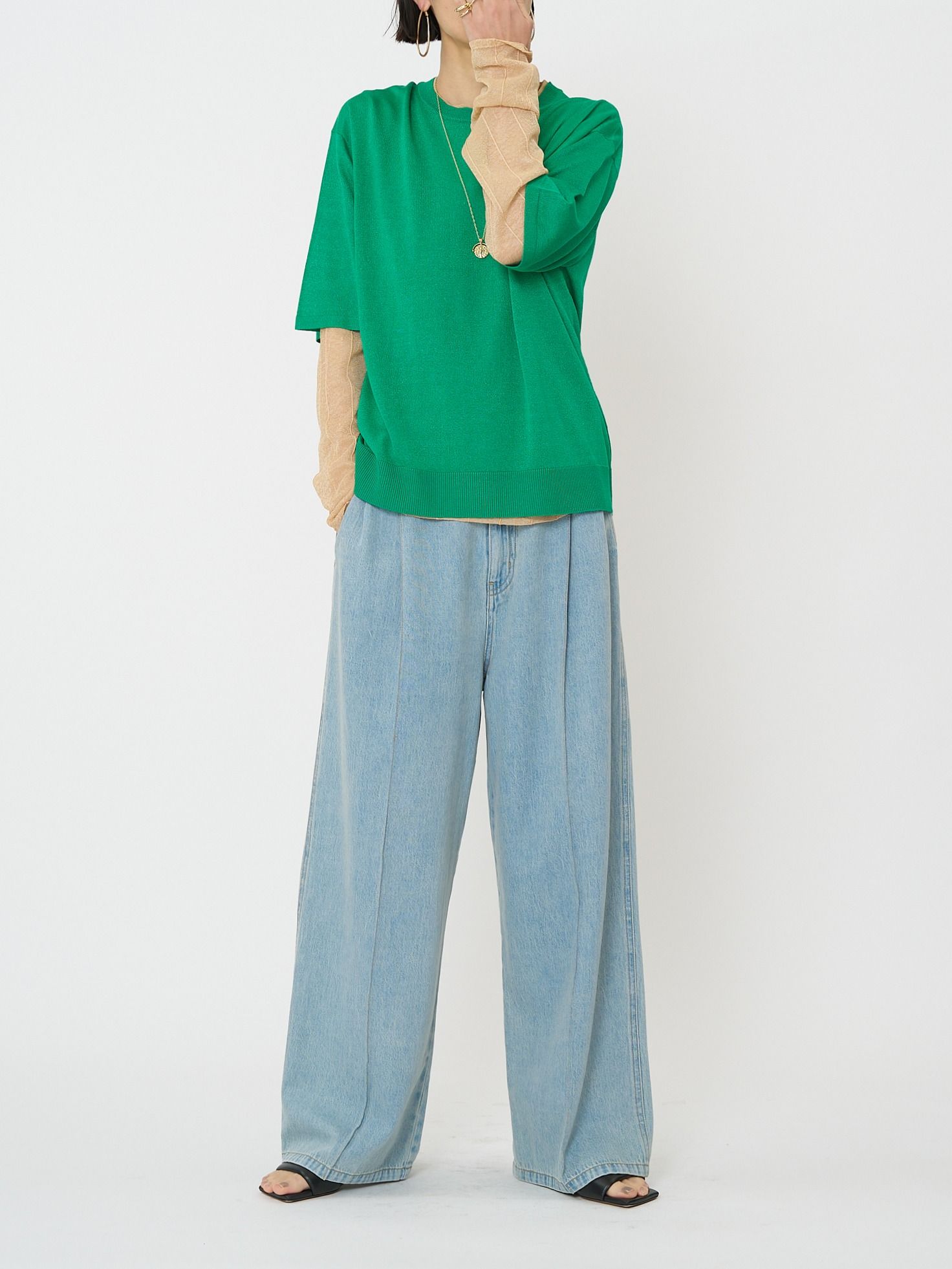 [9261-087GS] 衿配色ハーフスリーブニット グリーン