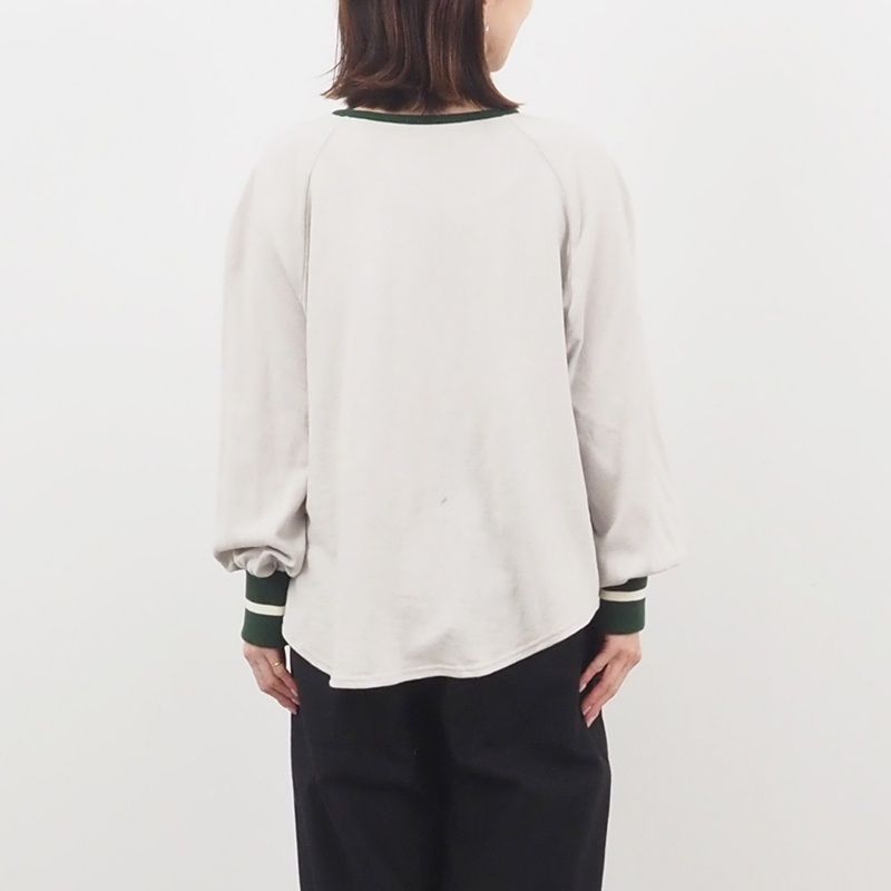 ガーゼ裏毛 バイカラーリブハウストレーナー ベージュxグリーンxアイボリー