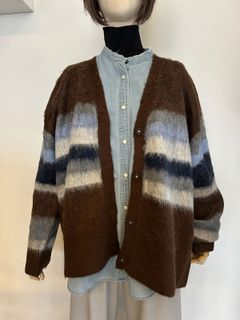起毛シャギーニット ボーダーカーデ ブラウン