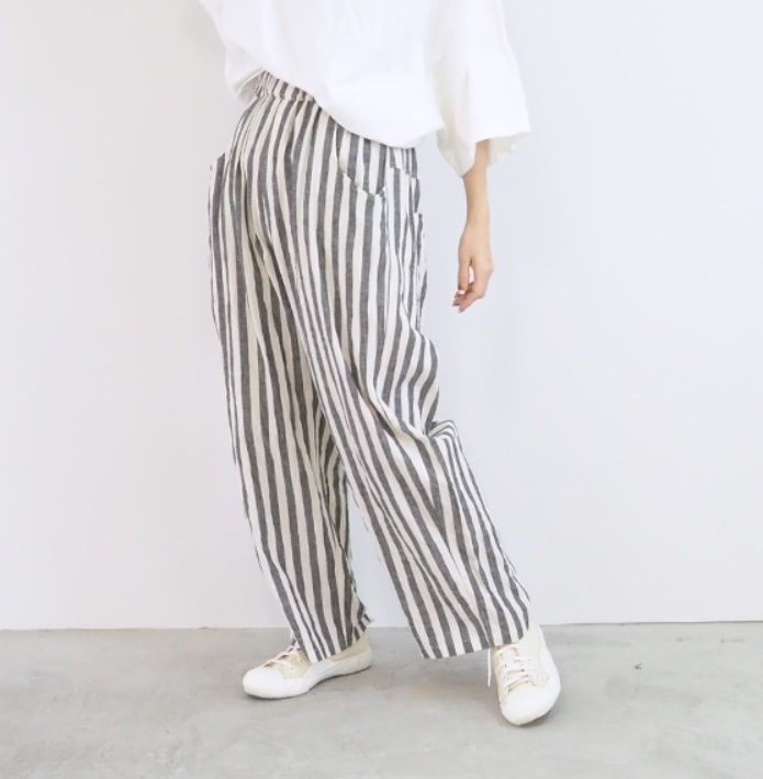 先染綿麻シーチングストライプノッポパンツ ブラックアイボリー