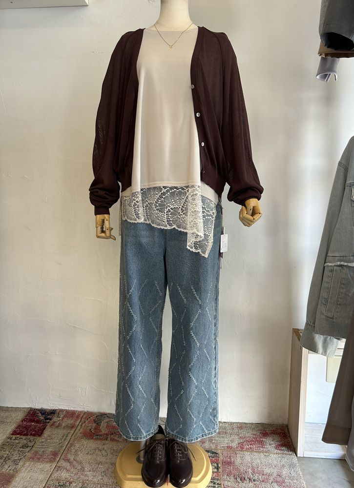 QTUME エメラルドフロウジョンxリバーレースコンビアシメヘムトップス ベージュ