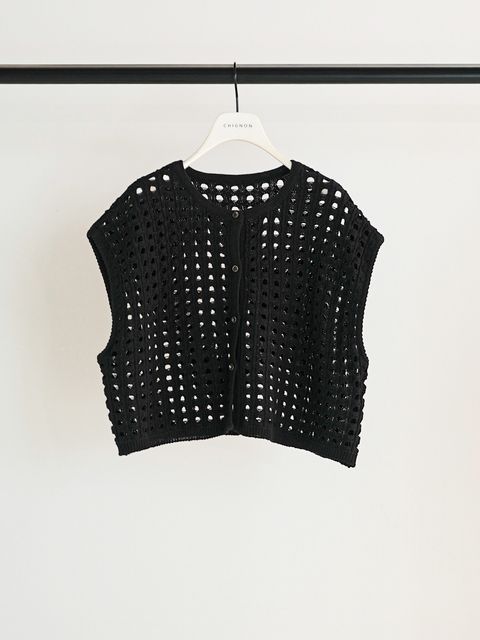 [9561-098DP] メッシュボックスニットベスト ブラック