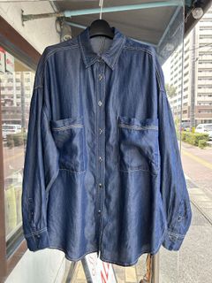 テンセルデニム製品染めオーバーサイズシャツ インディゴブルー