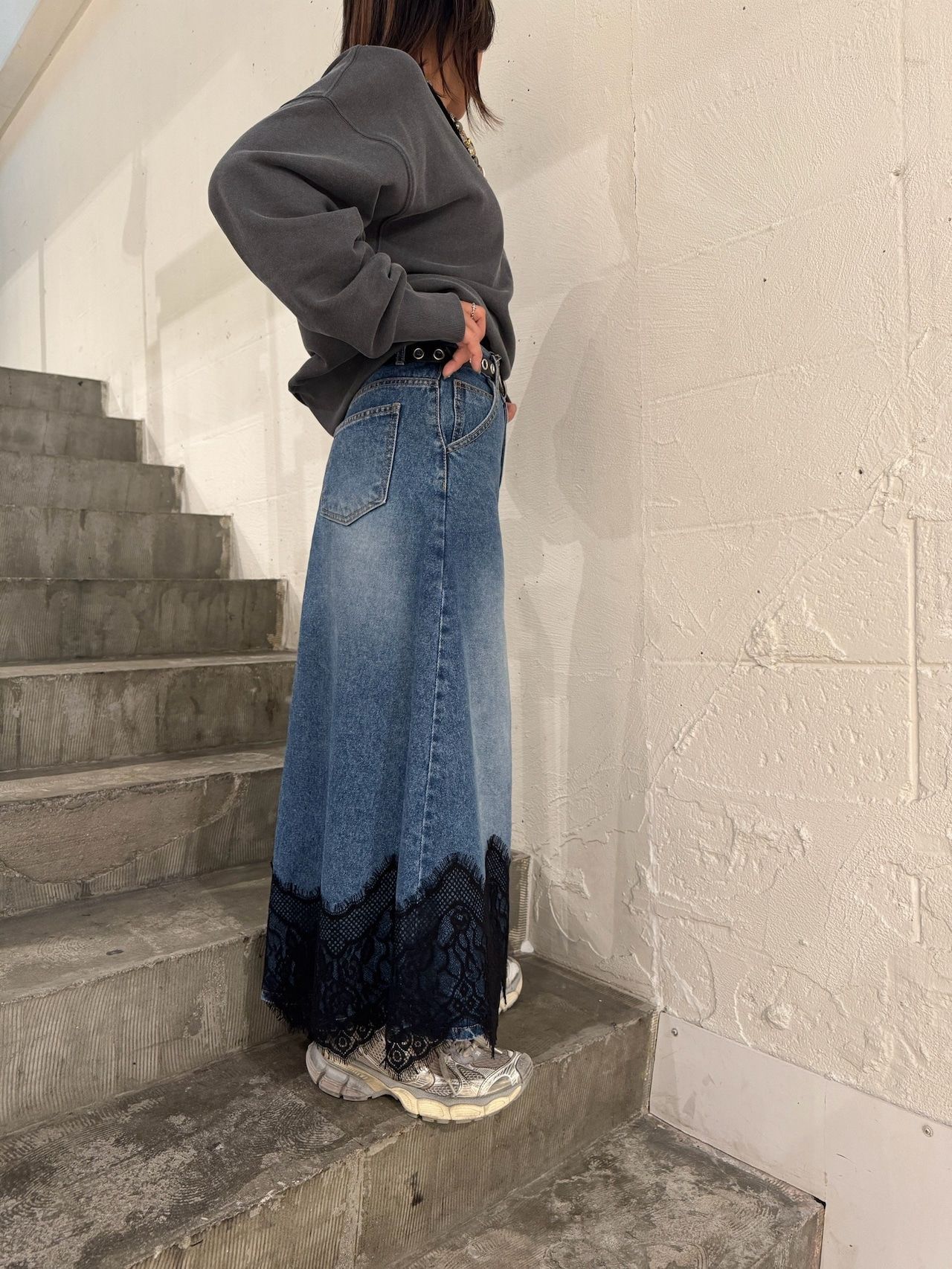 レースデニムスカート ブルー
