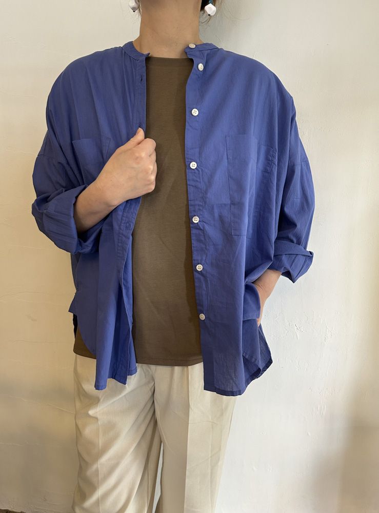 キャンブリックボイル 無地 バンドカラーシャツ パールピンク