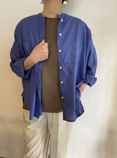 キャンブリックボイル 無地 バンドカラーシャツ ブルー