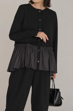 カットジョーゼット裾切替ブラウス ブラック