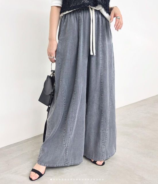 テンセルストレッチデニムワイドパンツ グレー